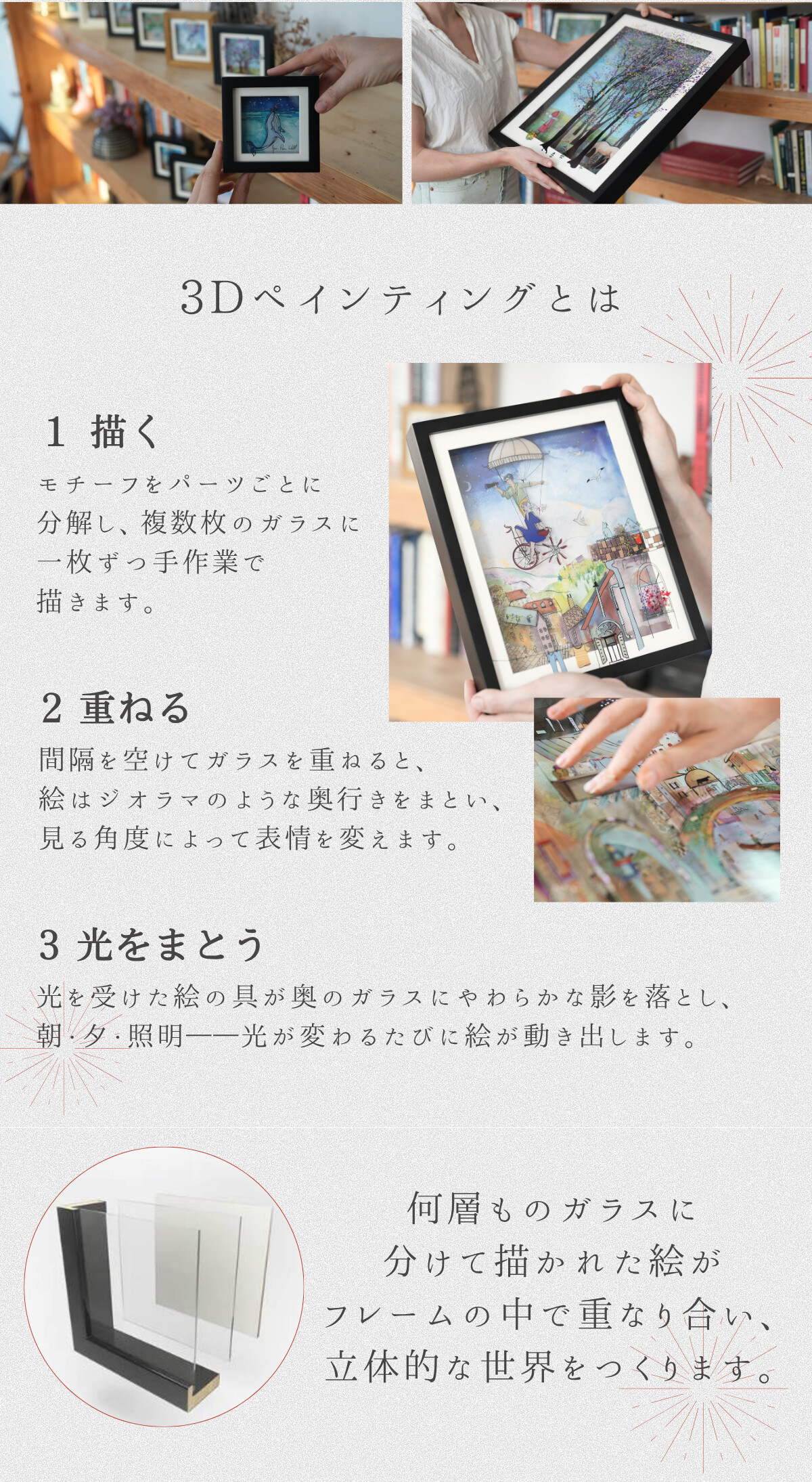 3Dペインティングとは 1　描く モチーフをパーツごとに分解し、複数枚のガラスに一枚ずつ手作業で描きます。 2　重ねる 間隔を空けてガラスを重ねると、絵はジオラマのような奥行きをまとい、見る角度によって表情を変えます。 3　光をまとう 光を受けた絵の具が奥のガラスにやわらかな影を落とし、朝・夕・照明――光が変わるたびに絵が動き出します。 何層ものガラスに分けて描かれた絵がフレームの中で重なり合い、立体的な世界をつくります。
